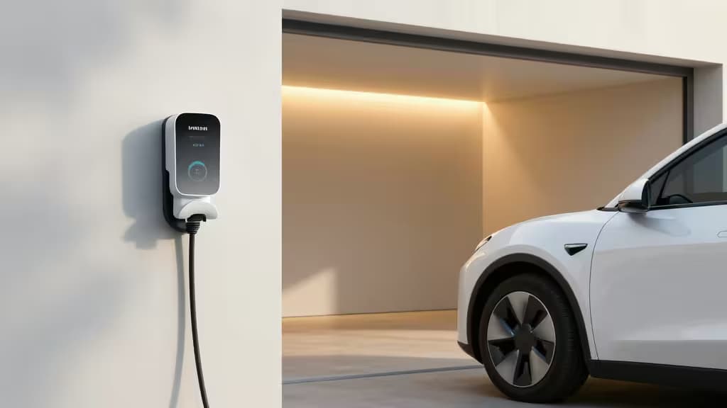 A sleek white EV charger mounted on a minimalist wall beside a modern electric car in a warmly lit garage.