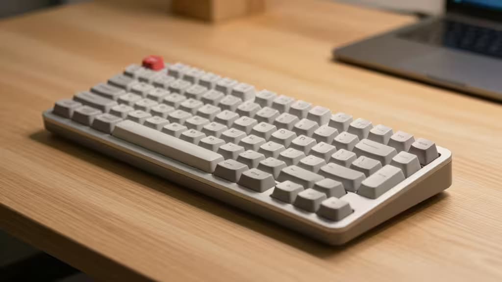 Clavier mécanique compact beige avec repose-clés rouges posé sur un bureau en bois à côté d'un ordinateur portable.