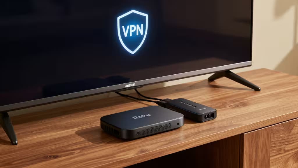 Un Roku e un Firestick su un mobiletto di legno sotto uno schermo TV scuro con l'icona luminosa di uno scudo VPN riflessa.