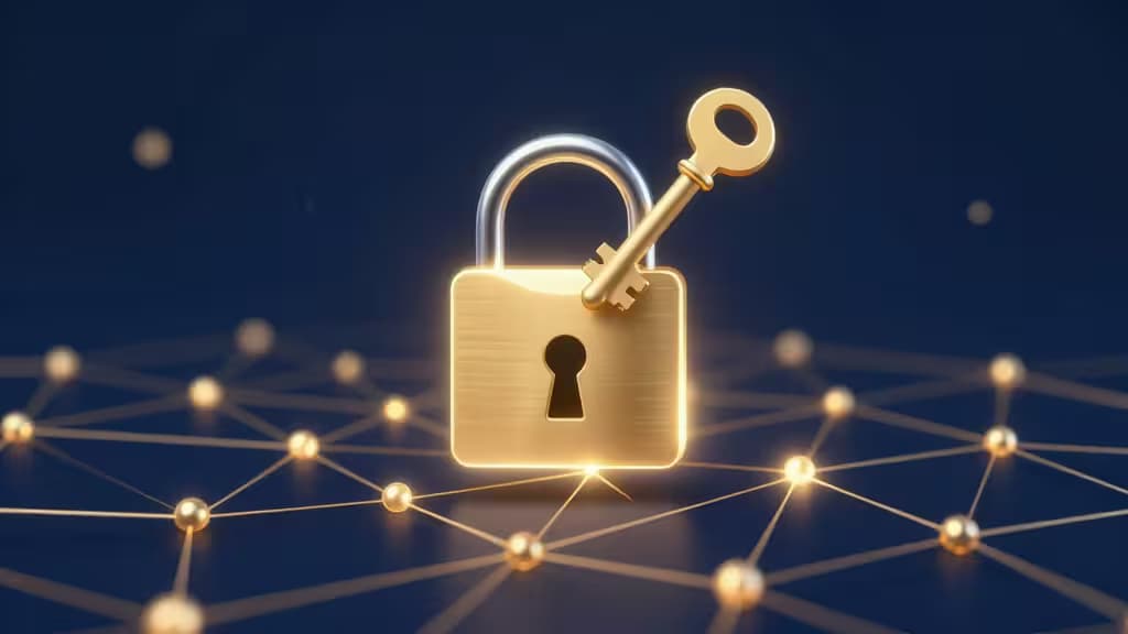 Abstract illustration of a glowing padlock and cryptographic key above a network of blockchain nodes in blue and gold